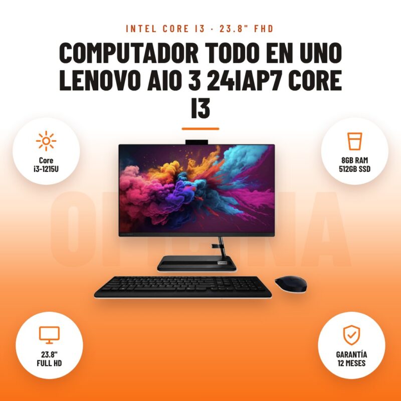 Computador Todo en Uno Lenovo AIO 3 24IAP7 Core i3: imagen promocional con core i3-1215u, 8gb ram 512gb ssd, 23.8" full hd, garantía 12 meses