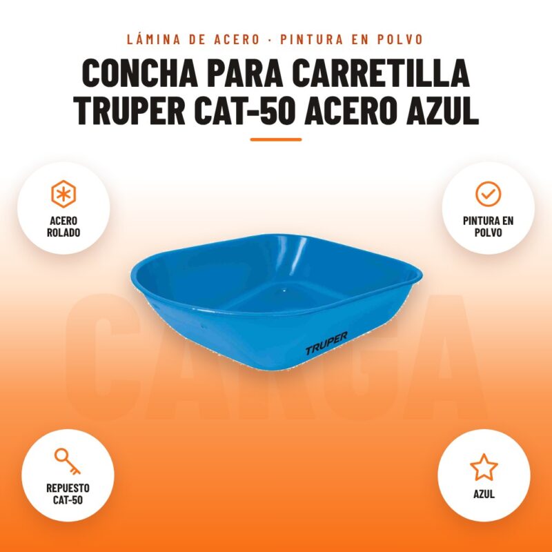 Concha para Carretilla Truper CAT-50 Acero Azul: imagen promocional con acero rolado, pintura en polvo, repuesto cat-50, azul