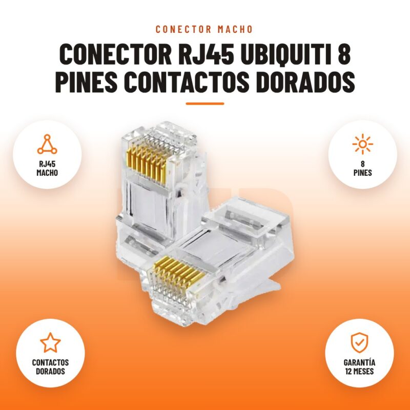 Conector RJ45 Ubiquiti 8 Pines Contactos Dorados: imagen promocional con rj45 macho, 8 pines, contactos dorados, garantía 12 meses