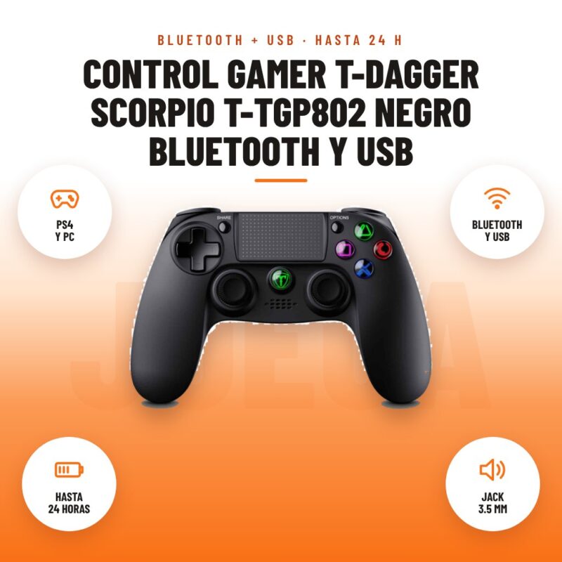 Control Gamer T-Dagger Scorpio T-TGP802 Negro Bluetooth y USB: imagen promocional con ps4 y pc, bluetooth y usb, hasta 24 horas, jack 3.5 mm