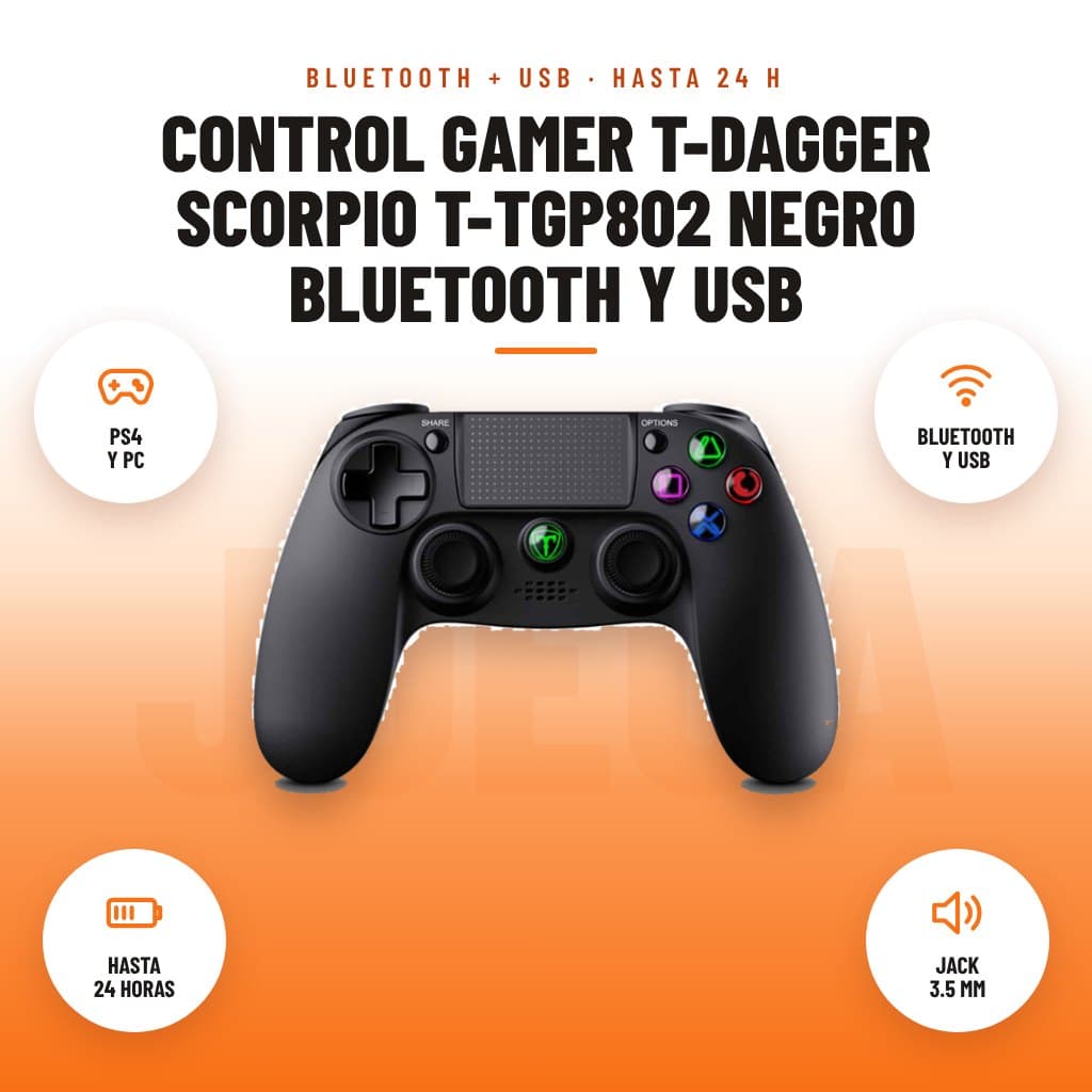 Control Gamer T-Dagger Scorpio T-TGP802 Negro Bluetooth y USB: imagen promocional con ps4 y pc, bluetooth y usb, hasta 24 horas, jack 3.5 mm