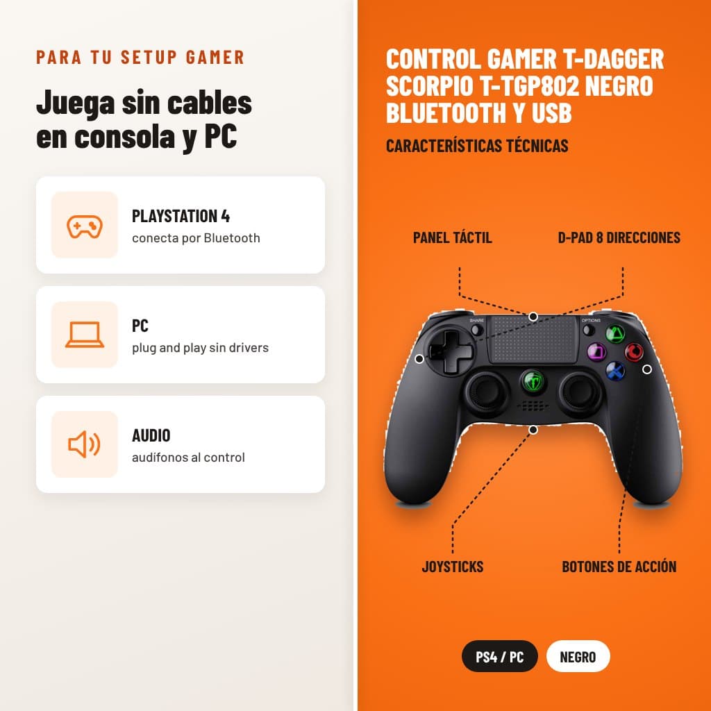 Control Gamer T-Dagger Scorpio T-TGP802 Negro Bluetooth y USB: usos y características técnicas señaladas
