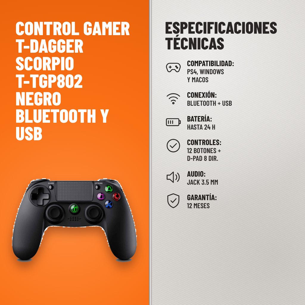 Especificaciones técnicas de Control Gamer T-Dagger Scorpio T-TGP802 Negro Bluetooth y USB