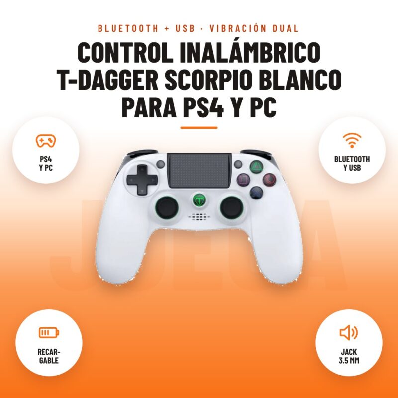 Control Inalámbrico T-Dagger Scorpio Blanco para PS4 y PC: imagen promocional con ps4 y pc, bluetooth y usb, recar- gable, jack 3.5 mm