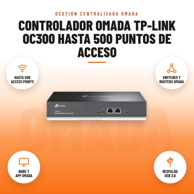 Controlador Omada TP-Link OC300 hasta 500 Puntos de Acceso: imagen promocional con hasta 500 access points, switches y routers omada, nube y app omada, respaldo usb 3.0