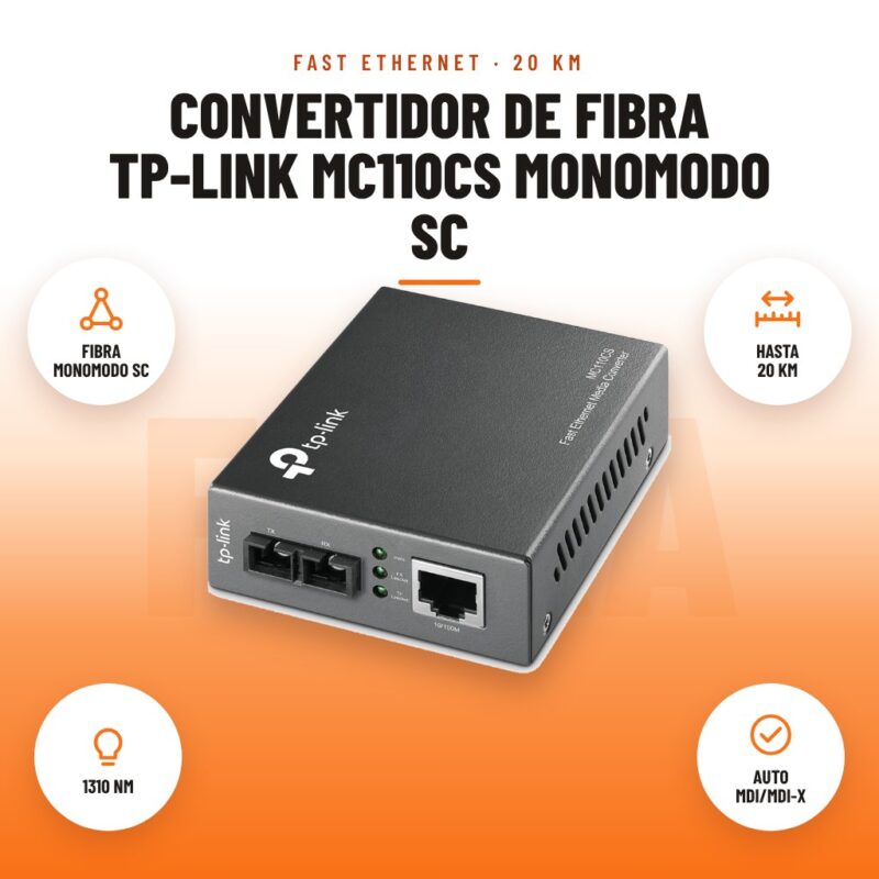 Convertidor de Fibra TP-Link MC110CS Monomodo SC: imagen promocional con fibra monomodo sc, hasta 20 km, 1310 nm, auto mdi/mdi-x