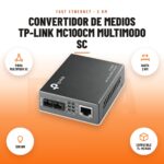 Convertidor de Medios TP-Link MC100CM Multimodo SC: imagen promocional con fibra multimodo sc, hasta 2 km, 1310 nm, compatible tl-mc1400