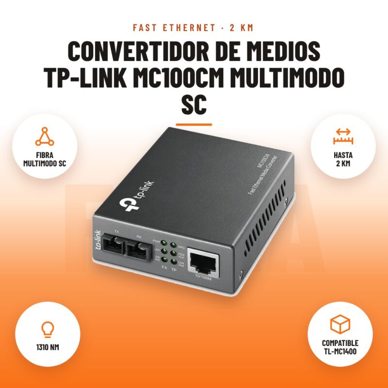 Convertidor de Medios TP-Link MC100CM Multimodo SC: imagen promocional con fibra multimodo sc, hasta 2 km, 1310 nm, compatible tl-mc1400