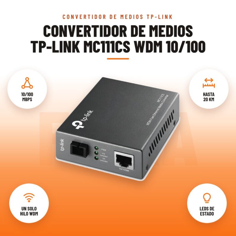 Convertidor de Medios TP-Link MC111CS WDM 10/100: imagen promocional con 10/100 mbps, hasta 20 km, un solo hilo wdm, leds de estado