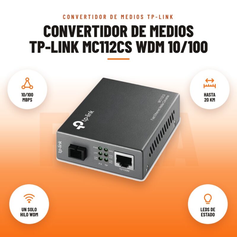 Convertidor de Medios TP-Link MC112CS WDM 10/100: imagen promocional con 10/100 mbps, hasta 20 km, un solo hilo wdm, leds de estado