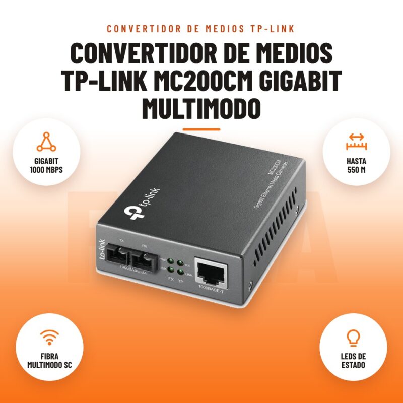 Convertidor de Medios TP-Link MC200CM Gigabit Multimodo: imagen promocional con gigabit 1000 mbps, hasta 550 m, fibra multimodo sc, leds de estado
