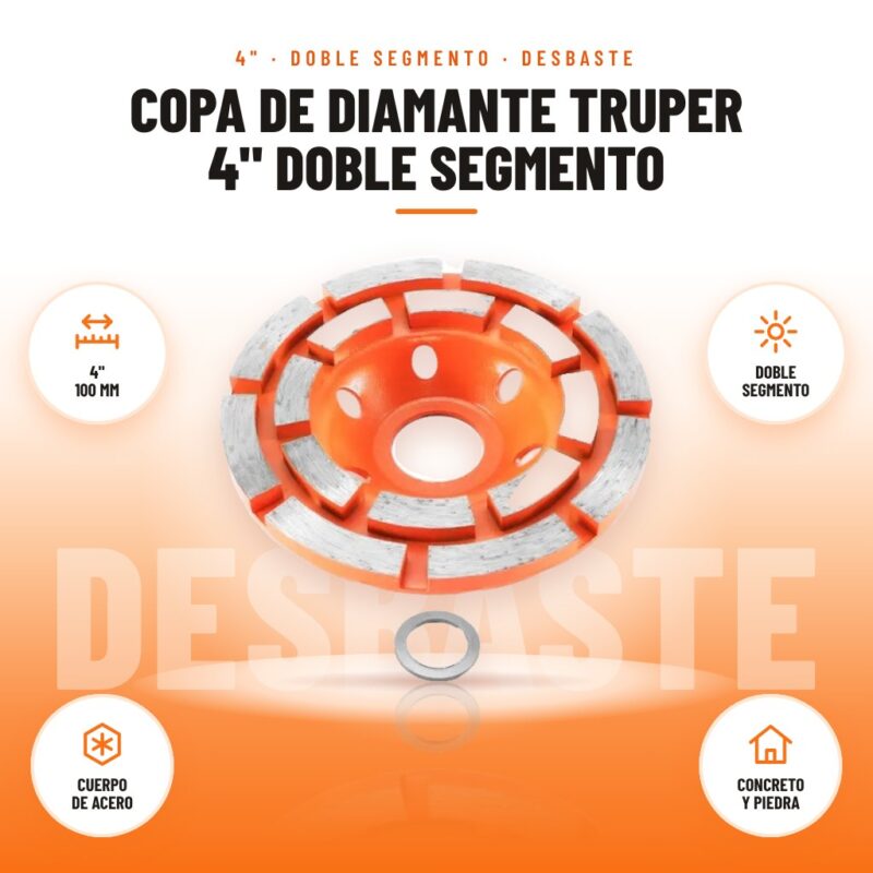 Copa de Diamante Truper 4" Doble Segmento: imagen promocional con 4" 100 mm, doble segmento, cuerpo de acero, concreto y piedra