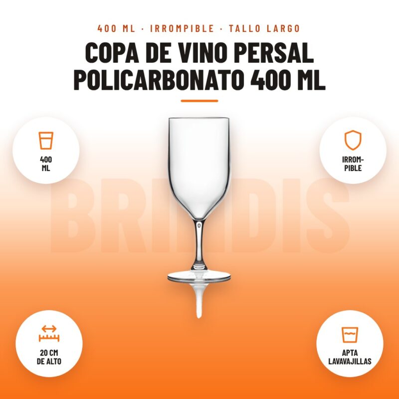 Copa de Vino Persal Policarbonato 400 ml: imagen promocional con 400 ml, irrom- pible, 20 cm de alto, apta lavavajillas