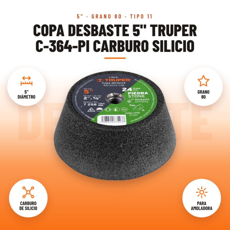 Copa Desbaste 5" Truper C-364-PI Carburo Silicio: imagen promocional con 5" diámetro, grano 80, carburo de silicio, para amoladora