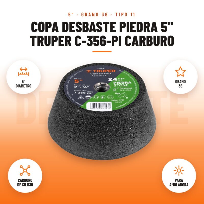 Copa Desbaste Piedra 5" Truper C-356-PI Carburo: imagen promocional con 5" diámetro, grano 36, carburo de silicio, para amoladora