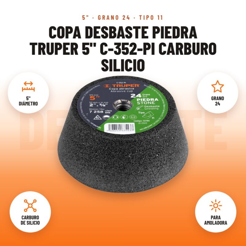 Copa Desbaste Piedra Truper 5" C-352-PI Carburo Silicio: imagen promocional con 5" diámetro, grano 24, carburo de silicio, para amoladora