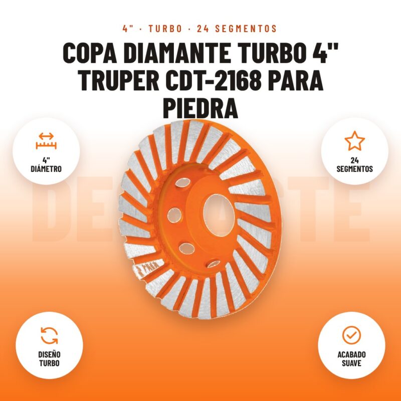 Copa Diamante Turbo 4" Truper CDT-2168 para Piedra: imagen promocional con 4" diámetro, 24 segmentos, diseño turbo, acabado suave