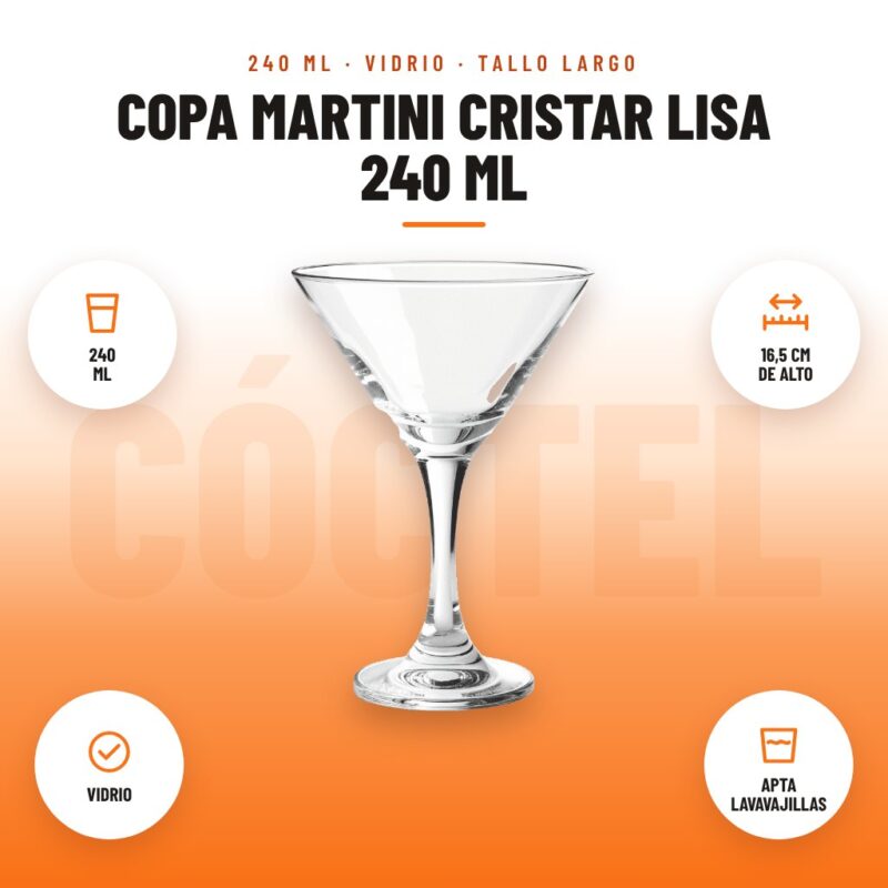 Copa Martini Cristar Lisa 240 ml: imagen promocional con 240 ml, 16,5 cm de alto, vidrio, apta lavavajillas