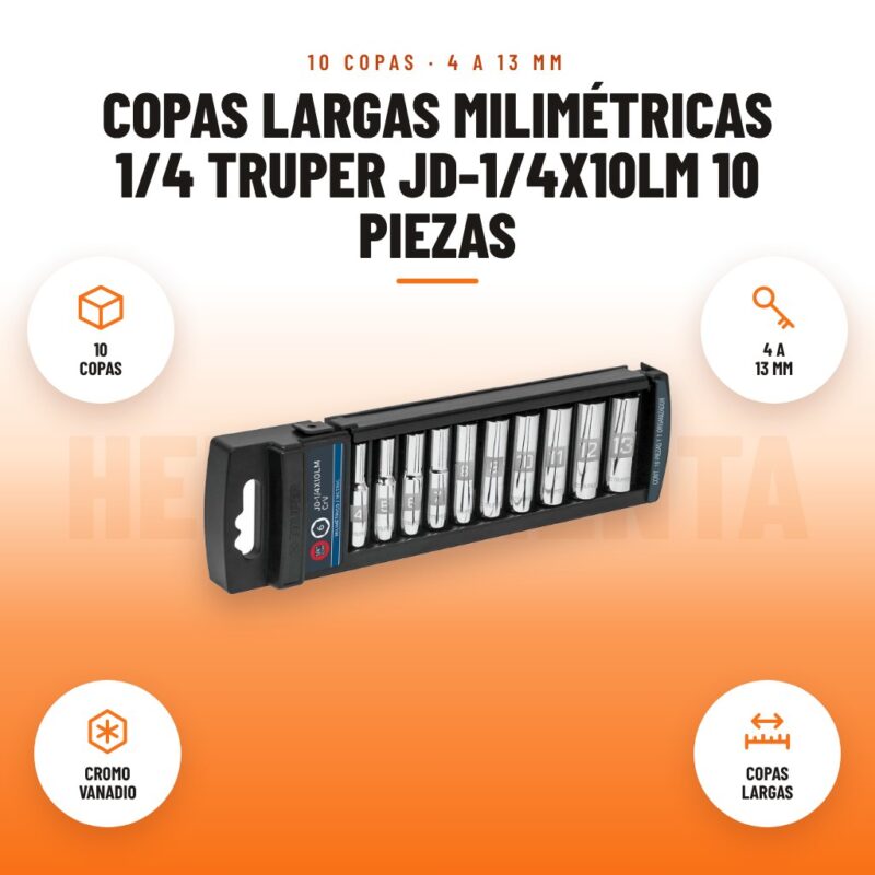 Copas largas milimétricas 1/4 Truper JD-1/4X10LM 10 piezas: imagen promocional con 10 copas, 4 a 13 mm, cromo vanadio, copas largas