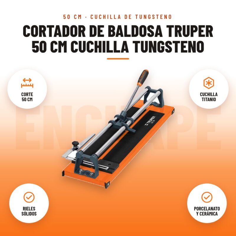 Cortador de Baldosa Truper 50 cm Cuchilla Tungsteno: imagen promocional con corte 50 cm, cuchilla titanio, rieles sólidos, porcelanato y cerámica