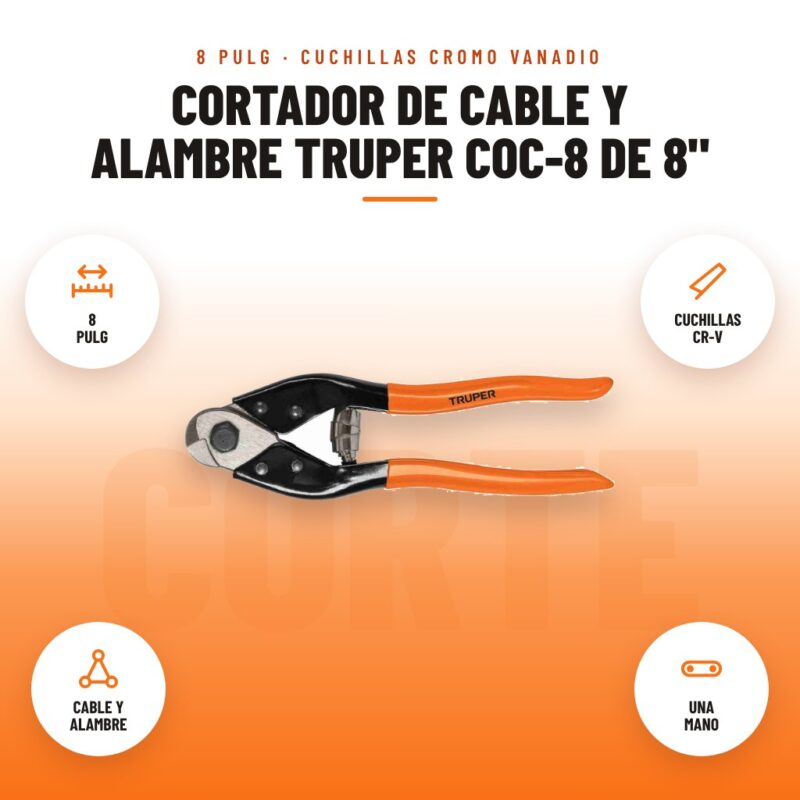 Cortador de Cable y Alambre Truper COC-8 de 8": imagen promocional con 8 pulg, cuchillas cr-v, cable y alambre, una mano