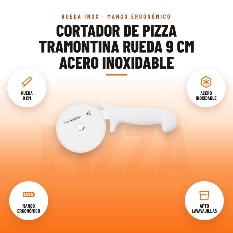 Cortador de Pizza Tramontina Rueda 9 cm Acero Inoxidable: imagen promocional con rueda 9 cm, acero inoxidable, mango ergonómico, apto lavavajillas