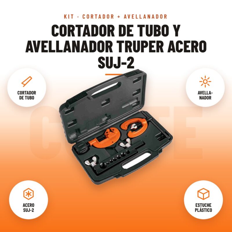 Cortador de Tubo y Avellanador Truper Acero SUJ-2: imagen promocional con cortador de tubo, avella- nador, acero suj-2, estuche plástico