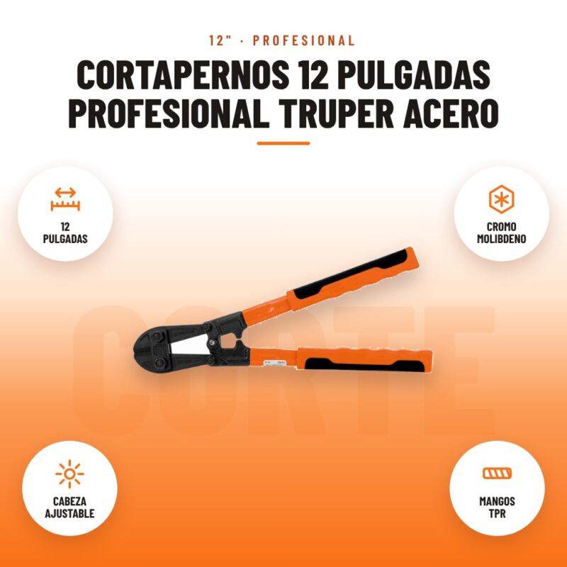 Cortapernos 12 Pulgadas Profesional Truper Acero: imagen promocional con 12 pulgadas, cromo molibdeno, cabeza ajustable, mangos tpr