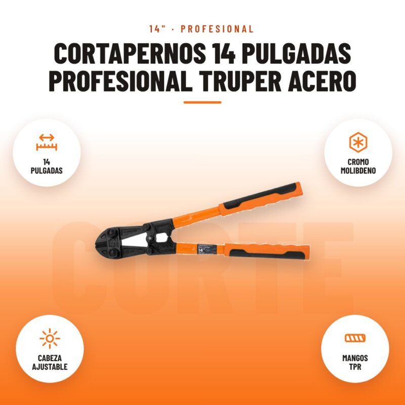 Cortapernos 14 Pulgadas Profesional Truper Acero: imagen promocional con 14 pulgadas, cromo molibdeno, cabeza ajustable, mangos tpr