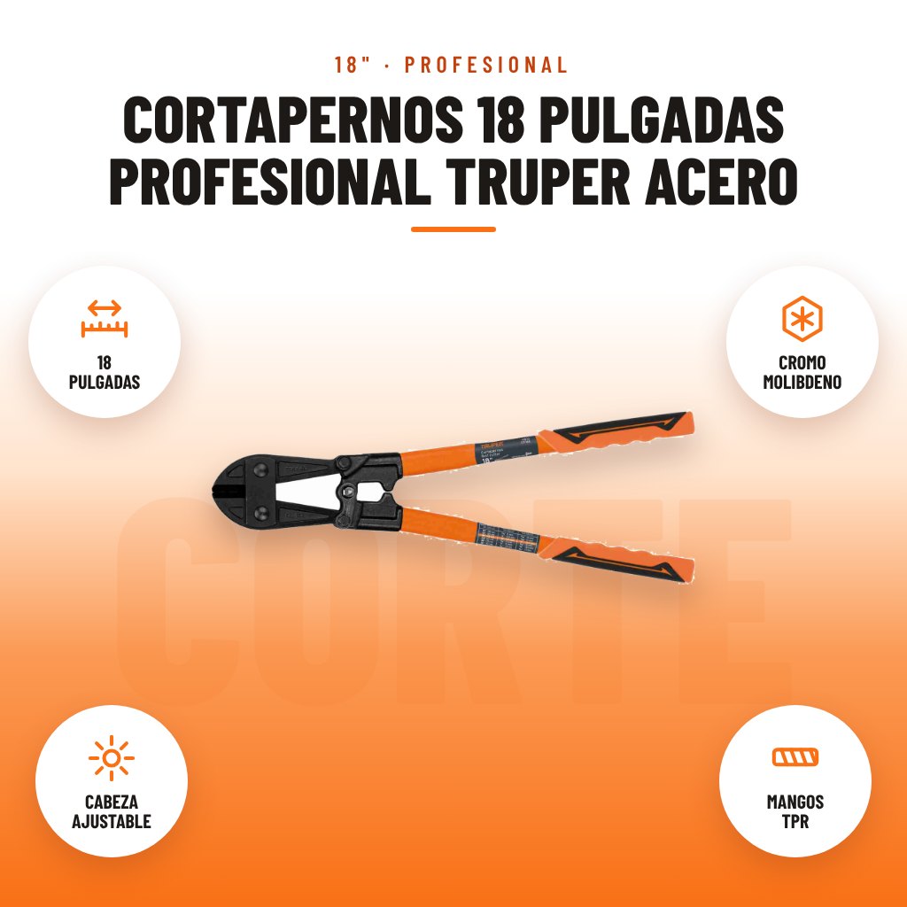 Cortapernos 18 Pulgadas Profesional Truper Acero: imagen promocional con 18 pulgadas, cromo molibdeno, cabeza ajustable, mangos tpr