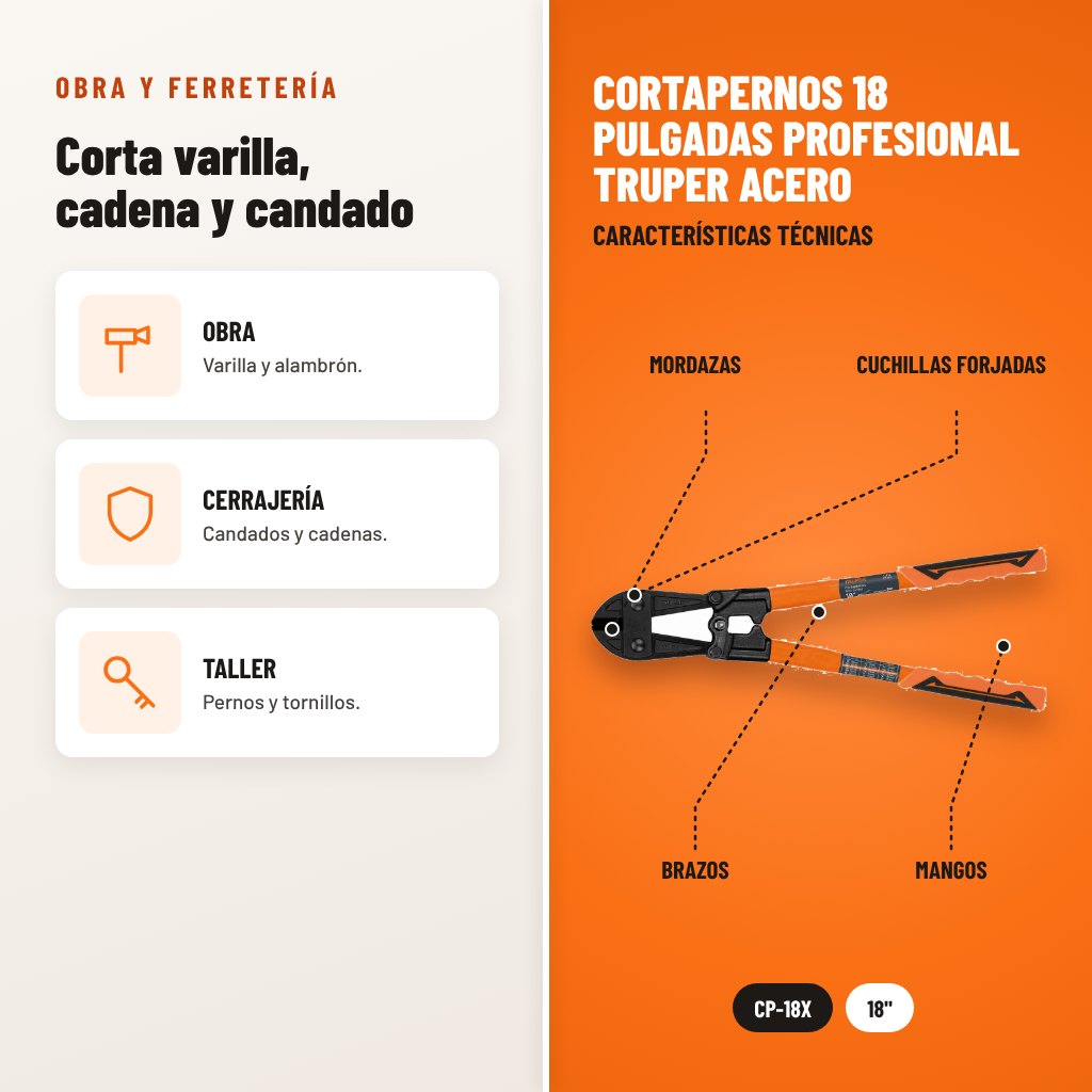 Cortapernos 18 Pulgadas Profesional Truper Acero: usos y características técnicas señaladas