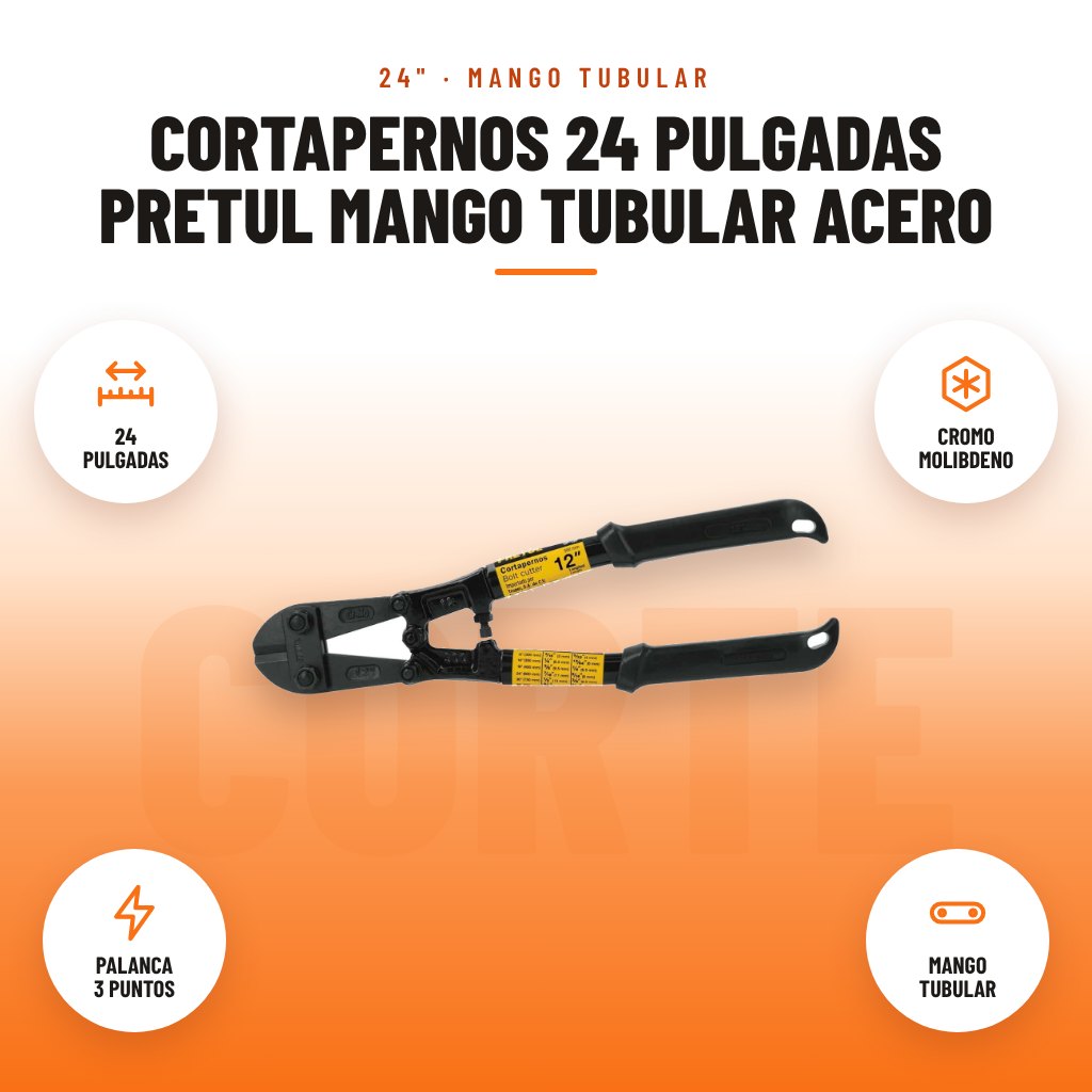 Cortapernos 24 Pulgadas Pretul Mango Tubular Acero: imagen promocional con 24 pulgadas, cromo molibdeno, palanca 3 puntos, mango tubular