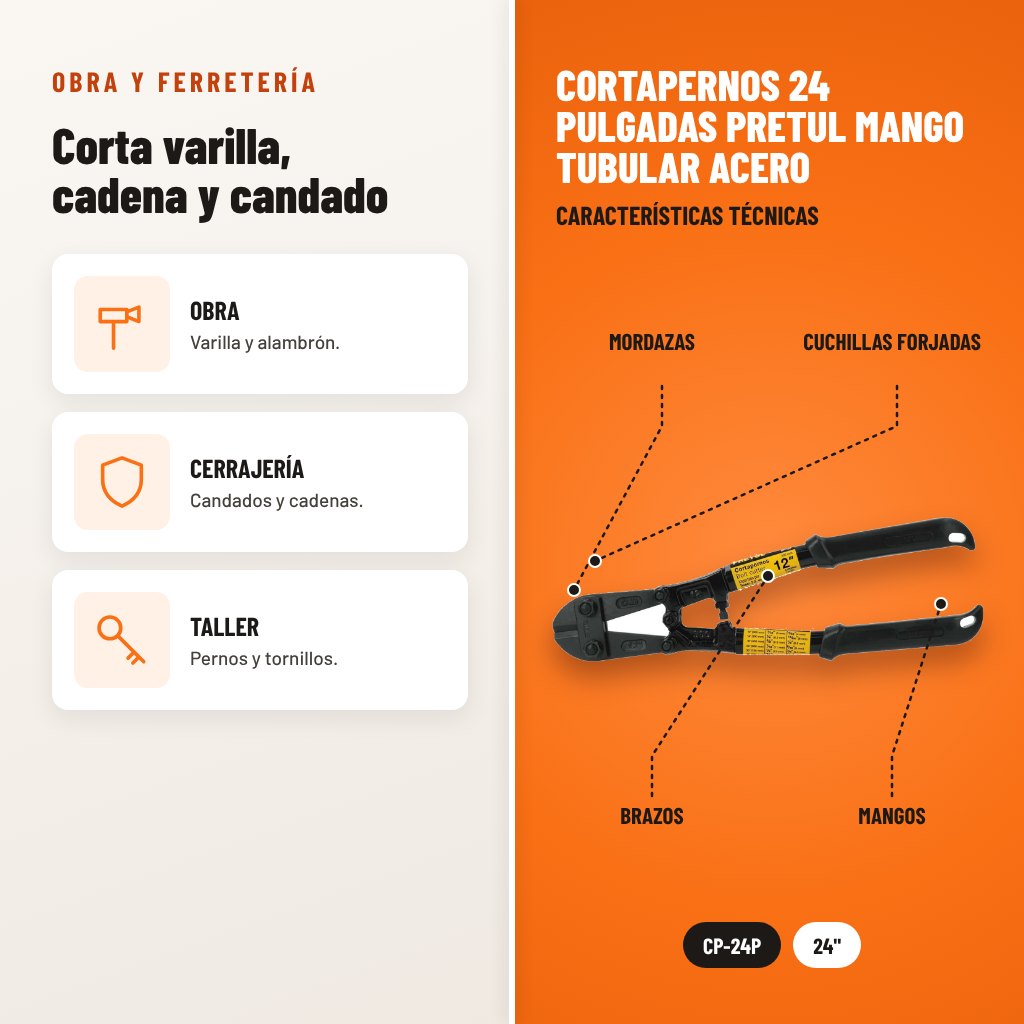 Cortapernos 24 Pulgadas Pretul Mango Tubular Acero: usos y características técnicas señaladas