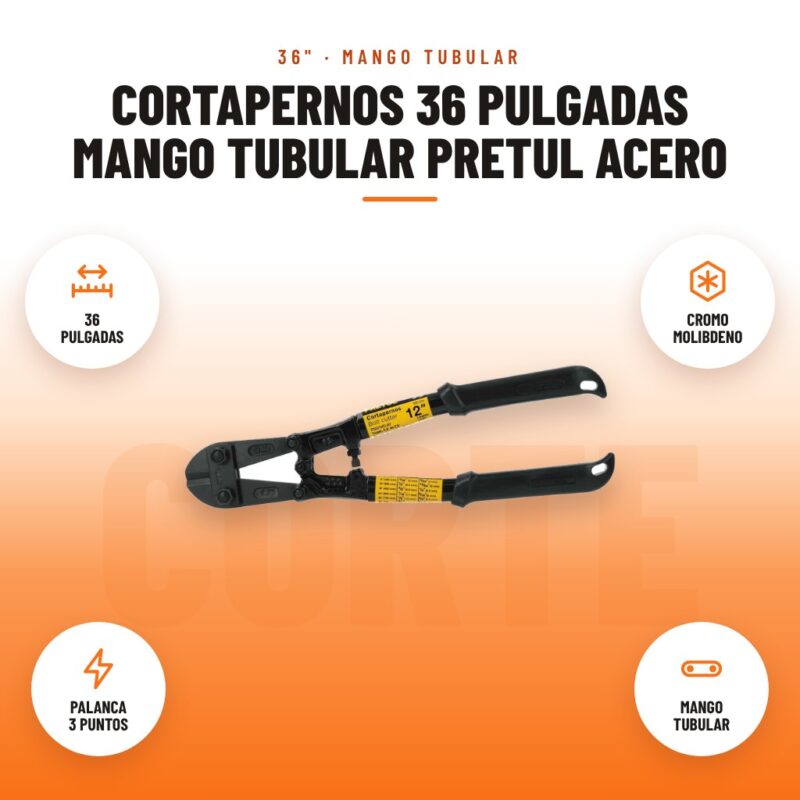 Cortapernos 36 Pulgadas Mango Tubular Pretul Acero: imagen promocional con 36 pulgadas, cromo molibdeno, palanca 3 puntos, mango tubular