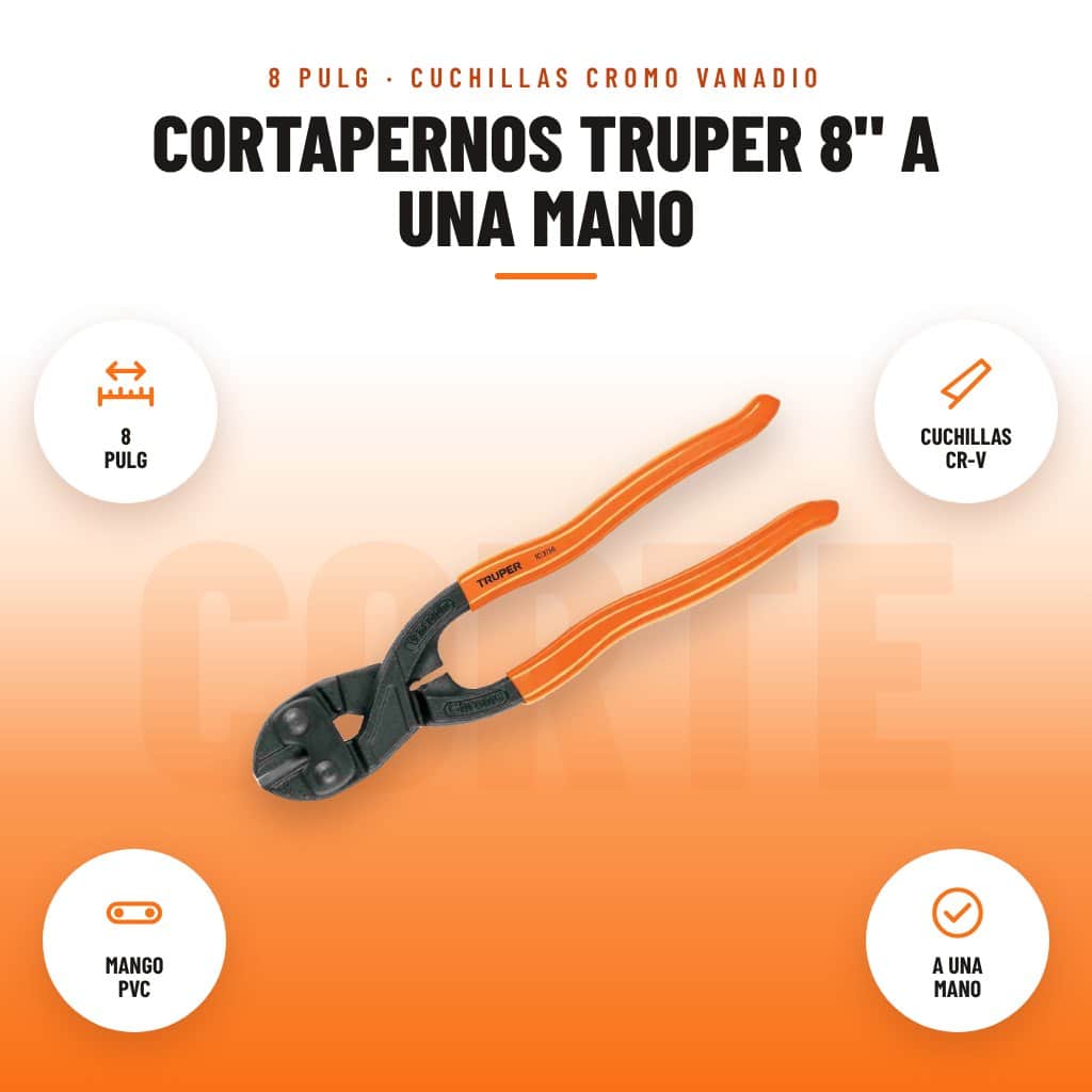 Cortapernos Truper 8" a Una Mano: imagen promocional con 8 pulg, cuchillas cr-v, mango pvc, a una mano