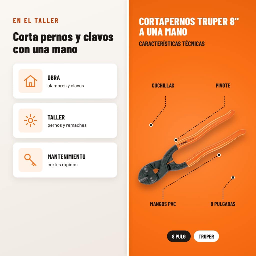 Cortapernos Truper 8" a Una Mano: usos y características técnicas señaladas