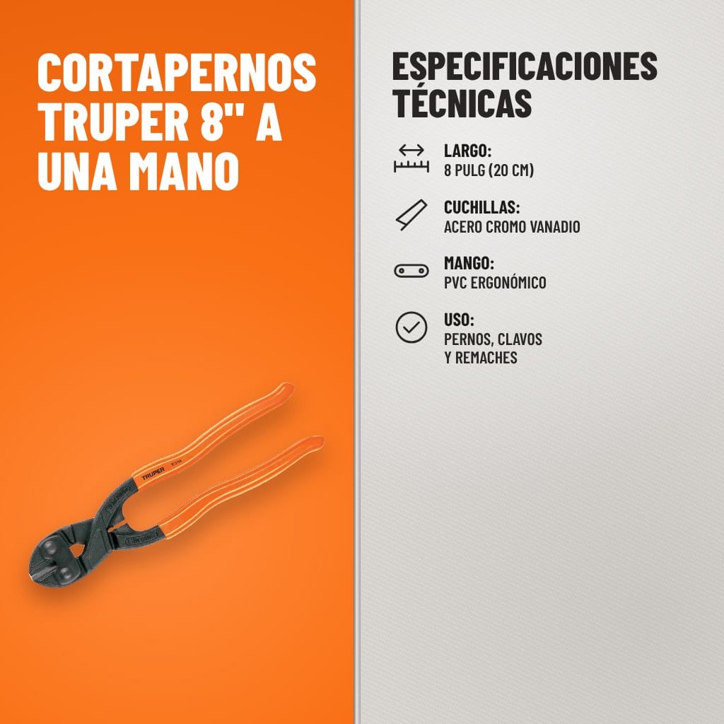 Especificaciones técnicas de Cortapernos Truper 8" a Una Mano