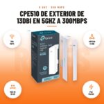 CPE510 de Exterior de 13dBi en 5GHz a 300Mbps: imagen promocional con 300 mbps, antena 13 dbi, más de 15 km, poe pasivo