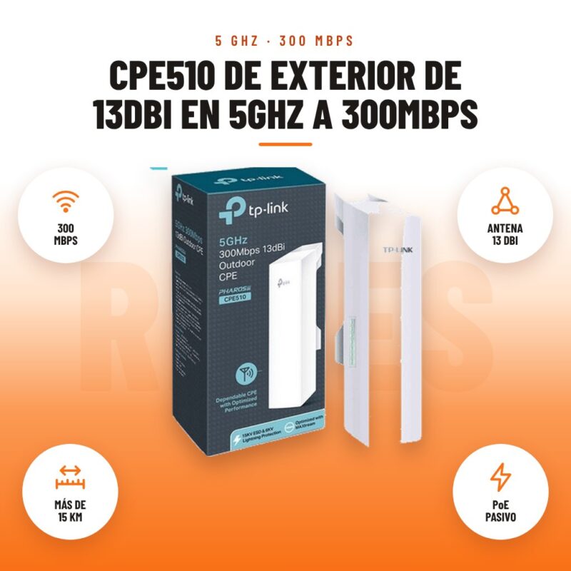 CPE510 de Exterior de 13dBi en 5GHz a 300Mbps: imagen promocional con 300 mbps, antena 13 dbi, más de 15 km, poe pasivo