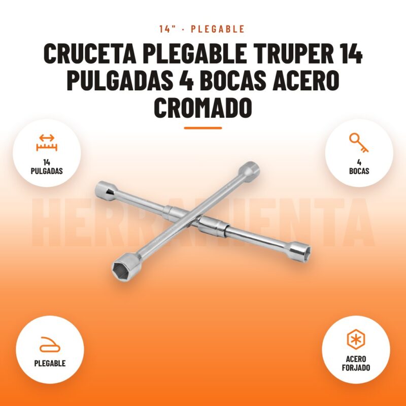 Cruceta plegable Truper 14 pulgadas 4 bocas acero cromado: imagen promocional con 14 pulgadas, 4 bocas, plegable, acero forjado
