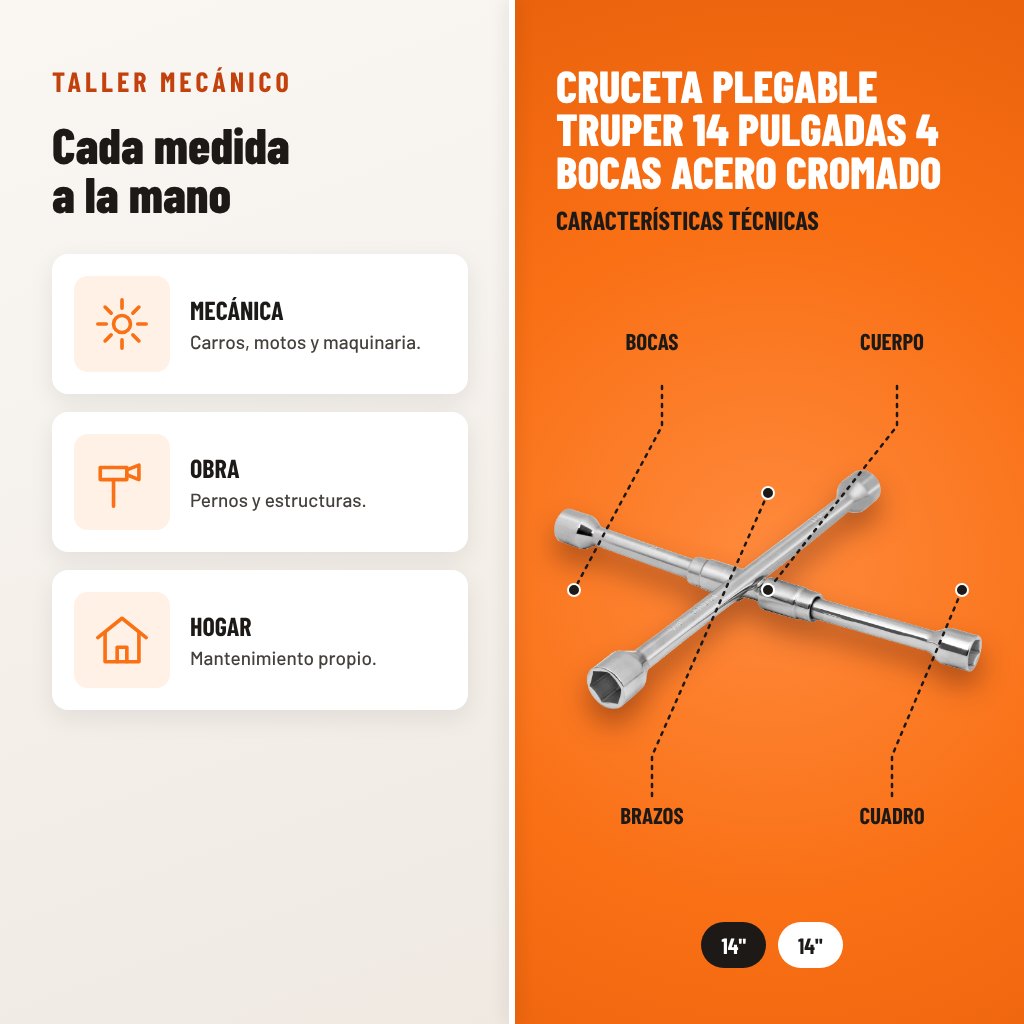 Cruceta plegable Truper 14 pulgadas 4 bocas acero cromado: usos y características técnicas señaladas