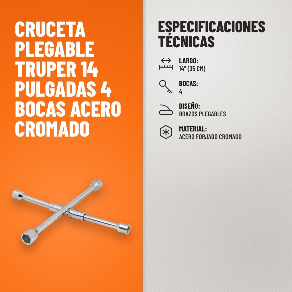 Especificaciones técnicas de Cruceta plegable Truper 14 pulgadas 4 bocas acero cromado
