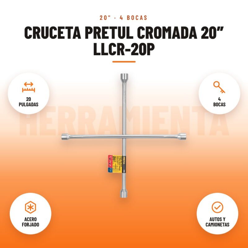 Cruceta Pretul Cromada 20″ Llcr-20P: imagen promocional con 20 pulgadas, 4 bocas, acero forjado, autos y camionetas
