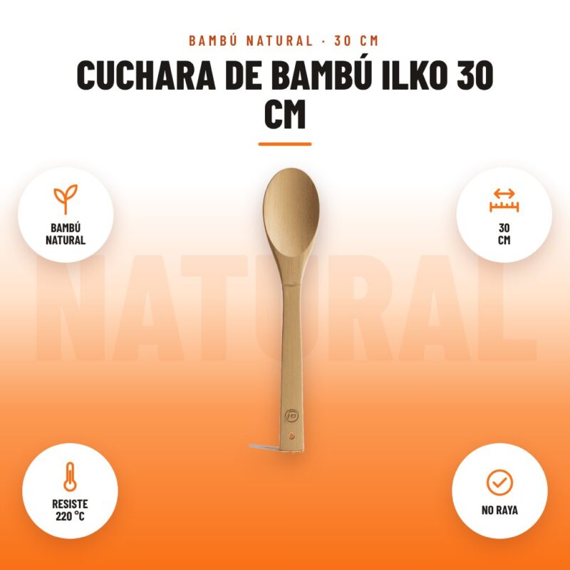 Cuchara de Bambú Ilko 30 cm: imagen promocional con bambú natural, 30 cm, resiste 220 °c, no raya