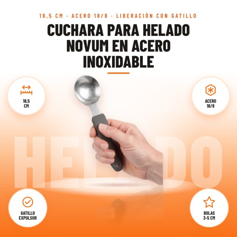 Cuchara para Helado Novum en Acero Inoxidable: imagen promocional con 18,5 cm, acero 18/8, gatillo expulsor, bolas 3-5 cm