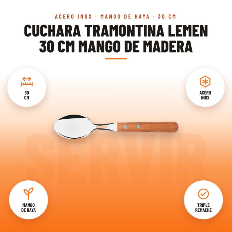 Cuchara Tramontina Lemen 30 cm Mango de Madera: imagen promocional con 30 cm, acero inox, mango de haya, triple remache