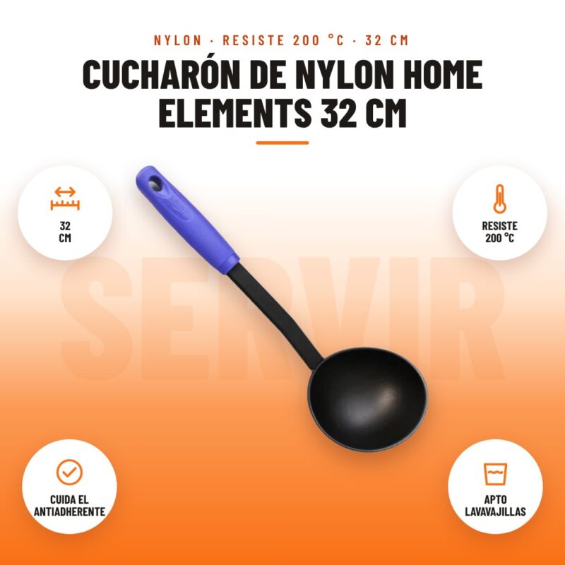 Cucharón de Nylon Home Elements 32 cm: imagen promocional con 32 cm, resiste 200 °c, cuida el antiadherente, apto lavavajillas