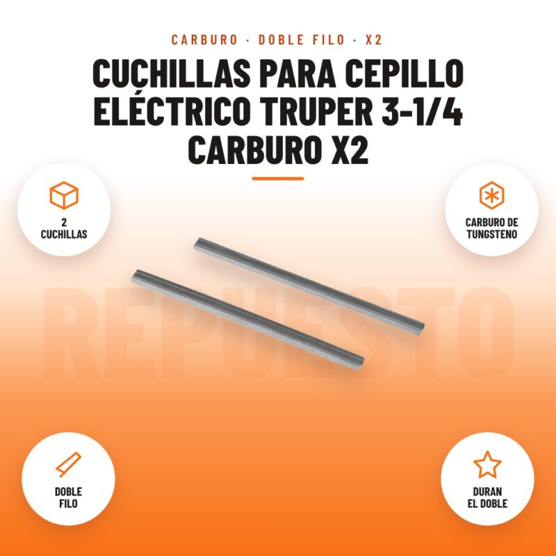 Cuchillas para cepillo eléctrico Truper 3-1/4 carburo x2: imagen promocional con 2 cuchillas, carburo de tungsteno, doble filo, duran el doble