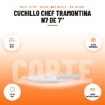 Cuchillo Chef Tramontina N7 de 7": imagen promocional con hoja 18 cm, acero inoxidable, 55-58 hrc, mango antideslizante