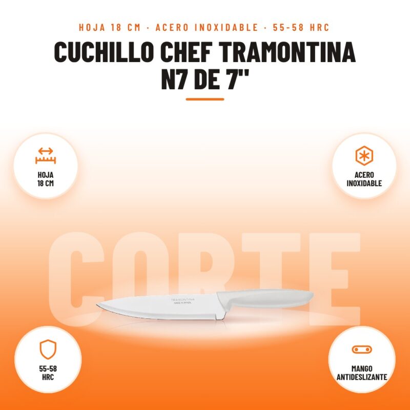 Cuchillo Chef Tramontina N7 de 7": imagen promocional con hoja 18 cm, acero inoxidable, 55-58 hrc, mango antideslizante